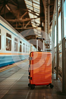 Travel suitcase positioned next to the entrance of a train station for travel purposes