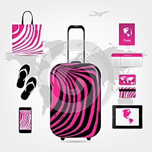 Travel suitcase with set of icons, pink zebra