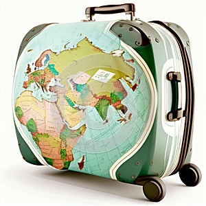 travel suitcase in the shape of a globe with maps of countries n white, ing banners of travel agencies, travel companies