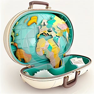 travel suitcase in the shape of a globe with maps of countries and oceans isolated on white, for banners of travel agencies,