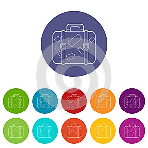 Travel suitcase with stickers icons set vector color