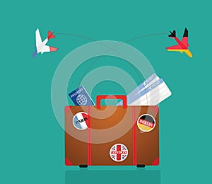 Travel suitcase with stickers. Vector