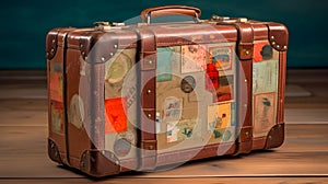 Travel suitcase with travel stickers and stamps, accesory photo