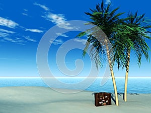 Travel suitcase on tropical beach.