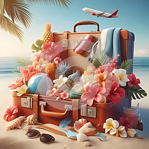 Travel suitcase with tropical flowers and beach accessories on sandy beach.