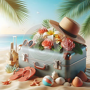 Travel suitcase with tropical flowers and beach accessories on sandy beach.