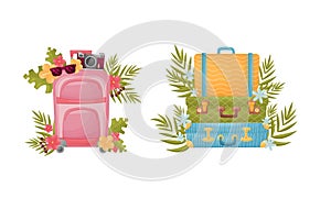 Travel Suitcase and Trunks with Green Leaves and Vacation Symbols Vector Set