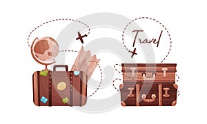 Travel Suitcase and Trunks with Stickers and Vacation Symbols Vector Set