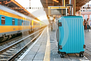 Travel suitcases at the entrance of a train station, awaiting embarkation on a scenic journey