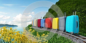 Travel suitcases go on rails to the sea on vacation