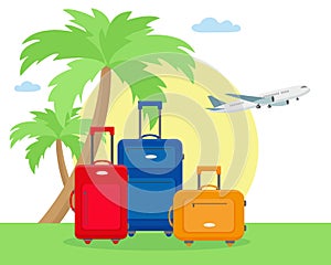 Travel suitcases, palms, sun and plane