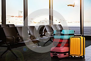 Travel suitcases in terminal. Summer vacation