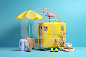travel summer background suitcase vacation yellow sunglasses blue flamingo concept design. Generative AI.