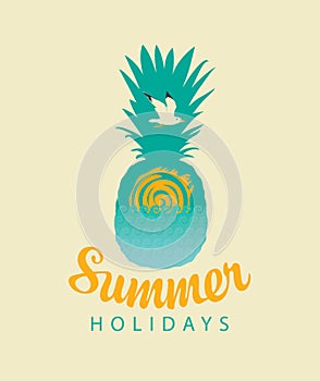 Travel summer banner with pineapple, sun and gull