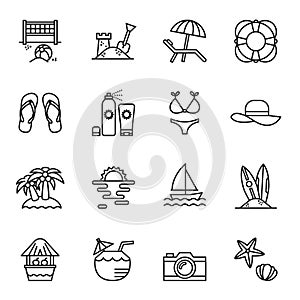 Travel and summer beach icon set. Thin Line Style stock vector.