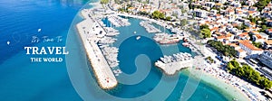 Travel summer croatia - boat in the port aerial panorama view of the city of the island of Brela