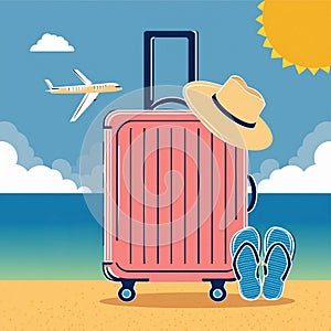 Travel Summer elements in holiday, siutcase, hat, sunglasses, beach flipflops
