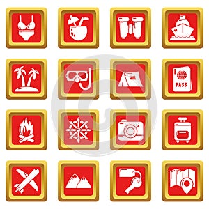 Travel summer icons set red square vector