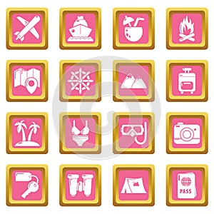 Travel summer icons set pink square vector
