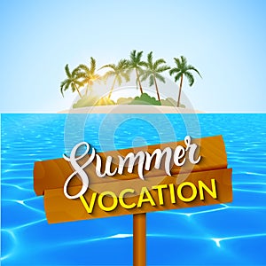 Travel summer island vocation. Island Beach with palms, blue water and sky. Summer vocation vector illustration.