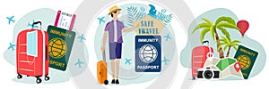 Travel Summer poster or banner set. Vector tourism and tourist. Flight or car journey and trip illustration vacation holiday