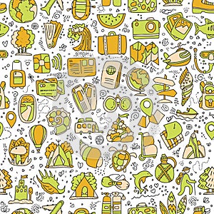 Travel and summer seamless pattern, journey and trip background. Adventure time pattern in hand draw style, vector