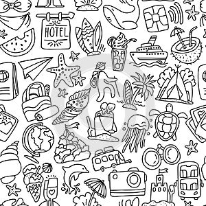 Travel and summer seamless pattern, journey and trip background. Adventure time pattern in hand draw style, vector