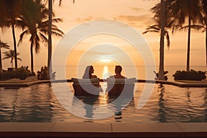 travel sunset vacation swimming back honeymoon relax pool couple romantic. Generative AI.