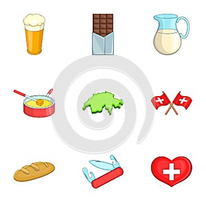 Travel Switzerland symbols icons set cartoon style