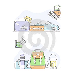 Travel symbols set. Planning of summer vacation, tourism and hiking objects line vector illustration