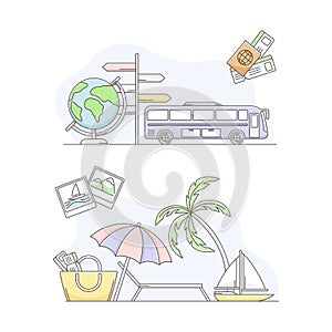 Travel symbols set. Planning of summer vacation, tourism and journey objects line vector illustration