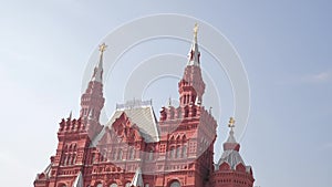 Travel and technology. State Historical Museum taking selfie with backpack. slow motion video. on Red Square in Moscow