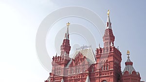 Travel and technology. State Historical Museum taking selfie with backpack. slow motion video. on Red Square in Moscow