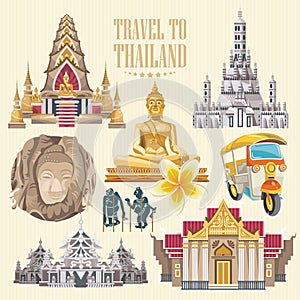 Travel Thailand landmarks with colorful elements. Thai vector icons.