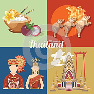 Travel Thailand landmarks with colorful elements. Thai vector icons.