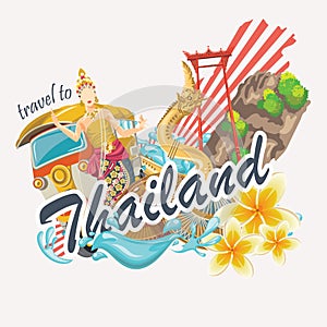 Travel Thailand landmarks with cute elements. Thai vector icons.