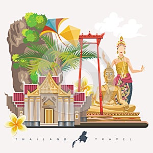 Travel Thailand landmarks with girl dancer. Thai vector icons.