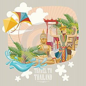 Travel Thailand landmarks with kites. Thai vector icons.