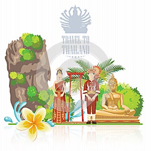 Travel Thailand landmarks with reflection. Thai vector icons.