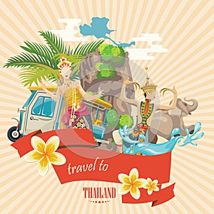 Travel Thailand landmarks on retro background. Thai vector icons.