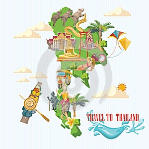 Travel Thailand landmarks with Thailand map and ocean. Thai vector icons.