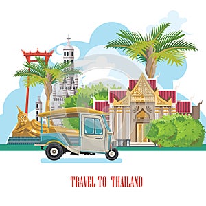 Travel Thailand landmarks with tuktuk. Thai vector icons.