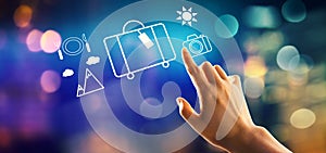 Travel theme with hand pressing a button