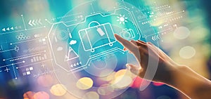 Travel theme with hand pressing a button