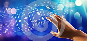 Travel theme with hand pressing a button