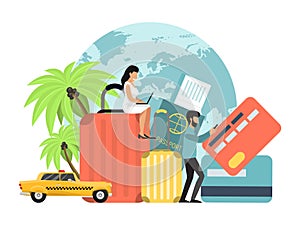 Travel things set concept vector illustration. Passport, ticket and cards for success trip. Luggage and taxi cab for