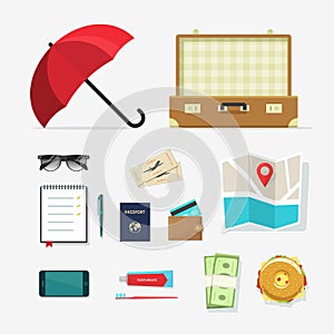 Travel things vector icons, baggage items to travelling, journey planning