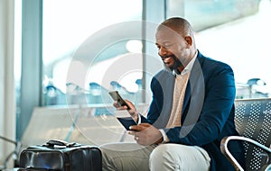 Travel, ticket and phone with black man in airport for social media, business trip and and networking. Communication