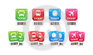 Travel tickets for bus, plane and train. Isolated subway and railway pass card. Isolated vector illustration