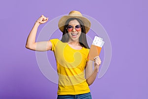 Travel Time. Joyful Asian Girl With Tickets And Passport Over Purple Background